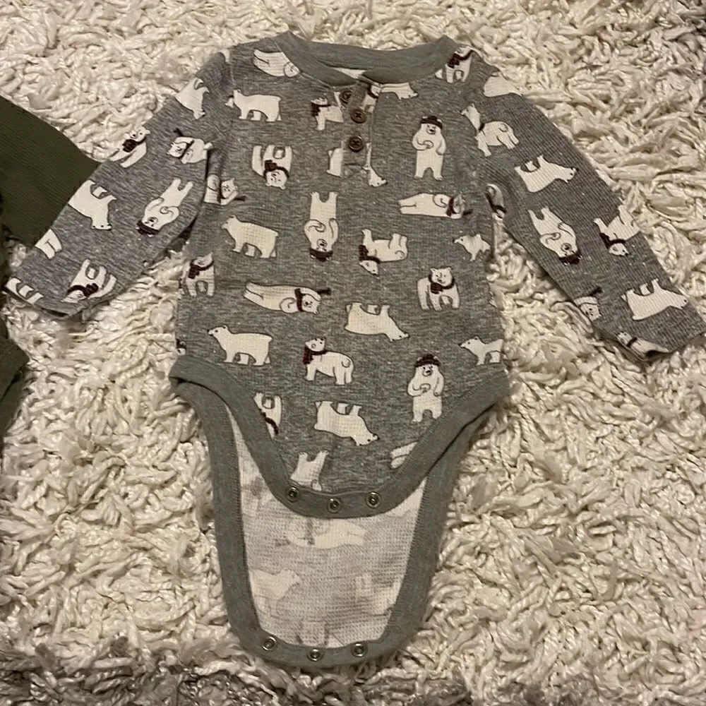 Bundle of Two Long Sleeve Waffle Thermal Henley Onesies 6-12 Months